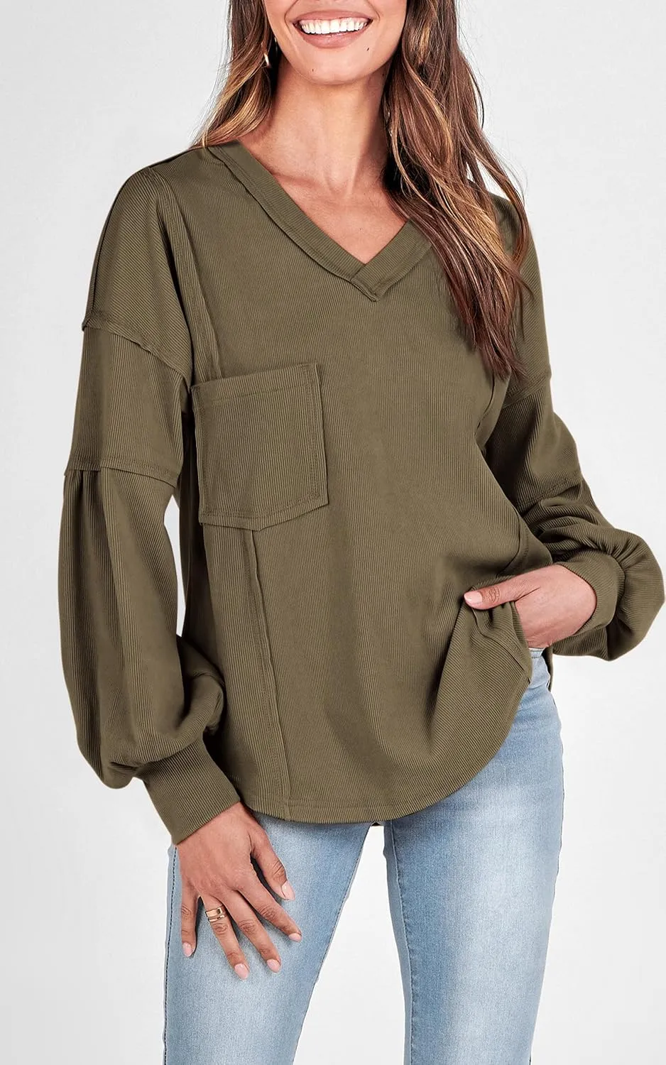 BTFBM Women's Ribbed Long Sleeve Tops 2025 Summer Spring Pullover Knit Casual V Neck Blouses Trendy Loose Fit Tunic Top