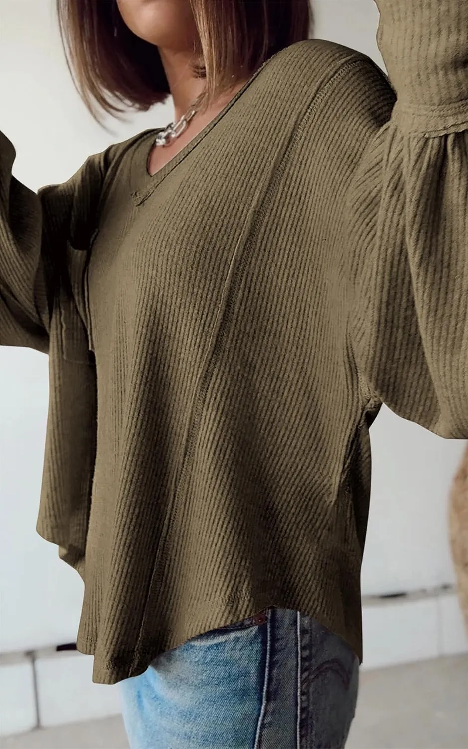 BTFBM Women's Ribbed Long Sleeve Tops 2025 Summer Spring Pullover Knit Casual V Neck Blouses Trendy Loose Fit Tunic Top