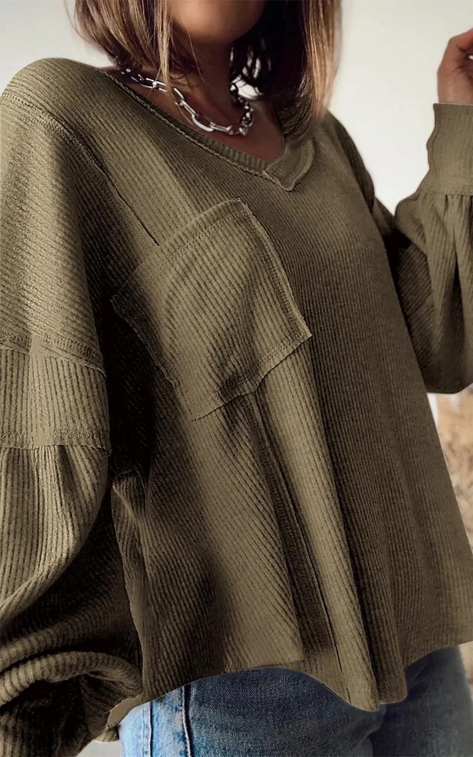 BTFBM Women's Ribbed Long Sleeve Tops 2025 Summer Spring Pullover Knit Casual V Neck Blouses Trendy Loose Fit Tunic Top