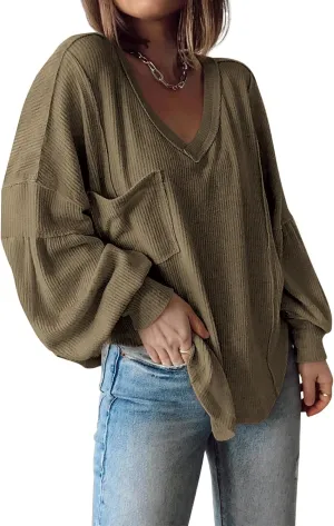 BTFBM Women's Ribbed Long Sleeve Tops 2025 Summer Spring Pullover Knit Casual V Neck Blouses Trendy Loose Fit Tunic Top