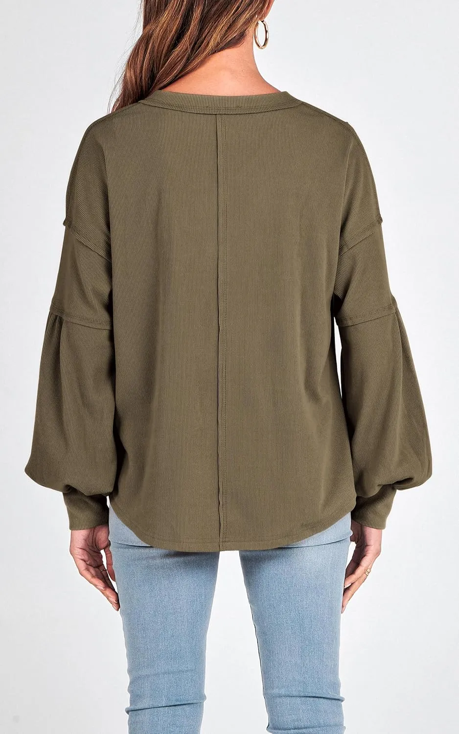 BTFBM Women's Ribbed Long Sleeve Tops 2025 Summer Spring Pullover Knit Casual V Neck Blouses Trendy Loose Fit Tunic Top