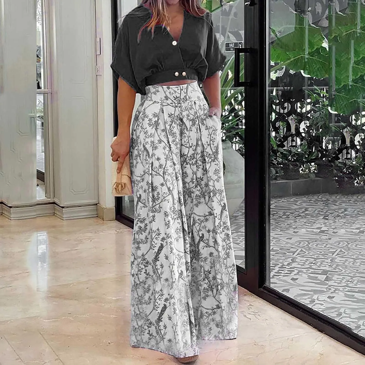 Canbebig 2 Piece Sets for Women Boho Lounge Set V Neck Short Sleeve Tank Crop Top Wide Leg Pants Sets Travel Vacation Outfits