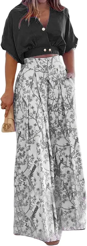 Canbebig 2 Piece Sets for Women Boho Lounge Set V Neck Short Sleeve Tank Crop Top Wide Leg Pants Sets Travel Vacation Outfits
