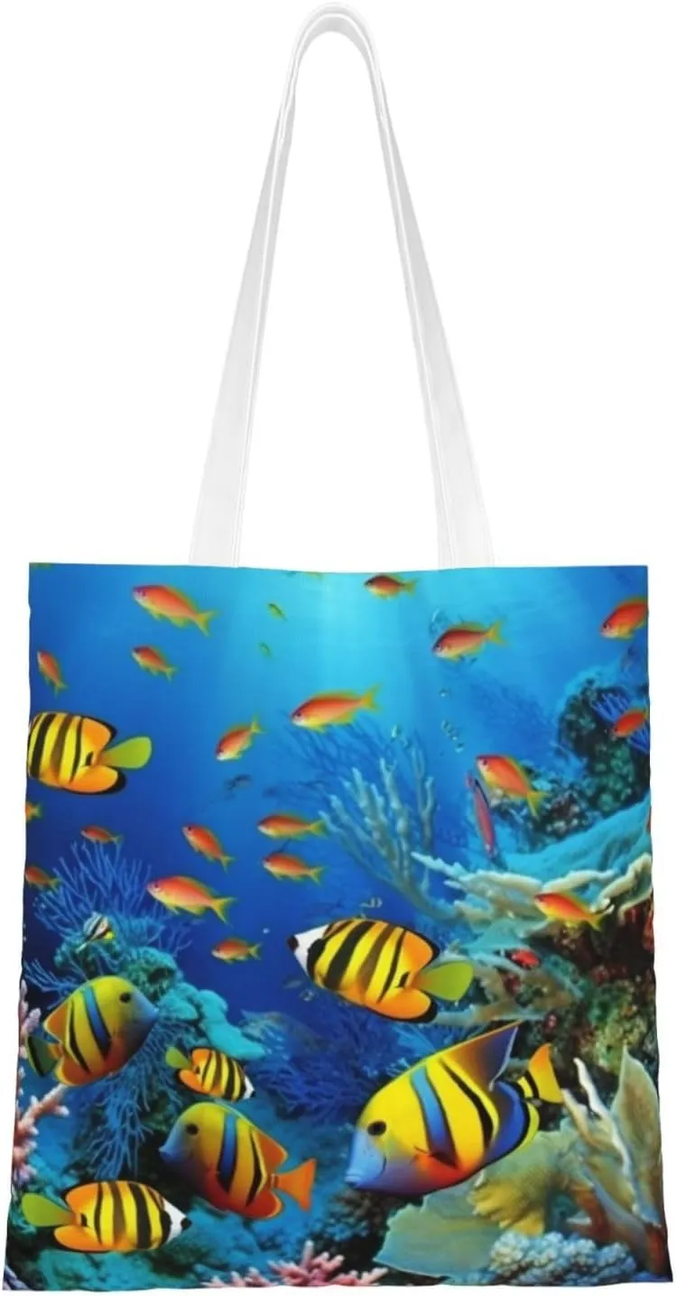 Canvas Tote Bag Aesthetic for Women The Underwater World Tropical Fish Shopping Bags Large Tote Shoulder Bag Reusable Grocery Bags Hobo Bags Casual Handbags Cute Cloth Bags Birthday Gifts
