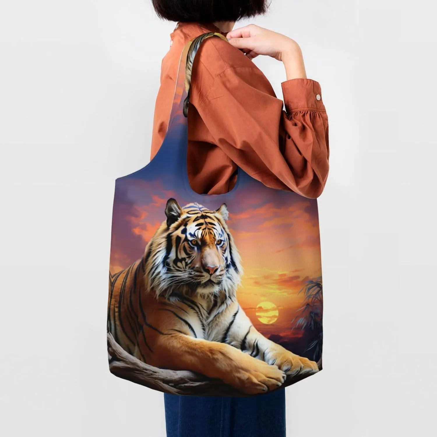 Canvas Tote Bag Reusable Grocery Bags Lightweight Handbag Blue and Orange Flowers Tote Bag for Shopping Cloth Bags