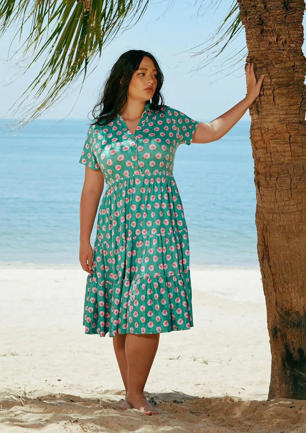 CARCOS Plus Size Dresses for Curvy Women Collared Vneck Short Sleeve Dresses Midi Summer Ruffle Dress with Pocket XL-5XL