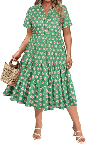CARCOS Plus Size Dresses for Curvy Women Collared Vneck Short Sleeve Dresses Midi Summer Ruffle Dress with Pocket XL-5XL