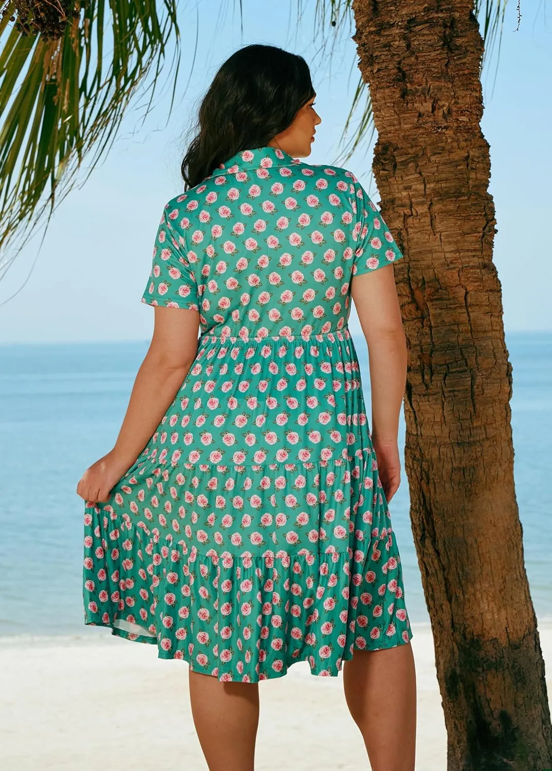 CARCOS Plus Size Dresses for Curvy Women Collared Vneck Short Sleeve Dresses Midi Summer Ruffle Dress with Pocket XL-5XL