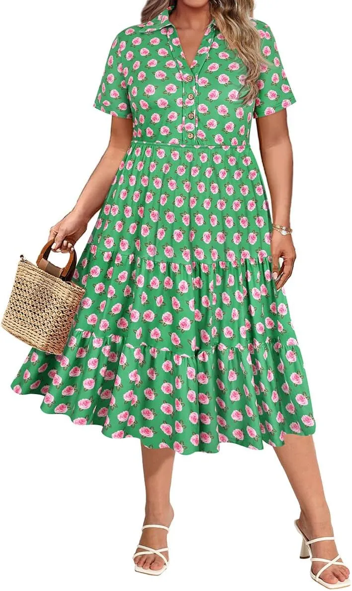 CARCOS Plus Size Dresses for Curvy Women Collared Vneck Short Sleeve Dresses Midi Summer Ruffle Dress with Pocket XL-5XL