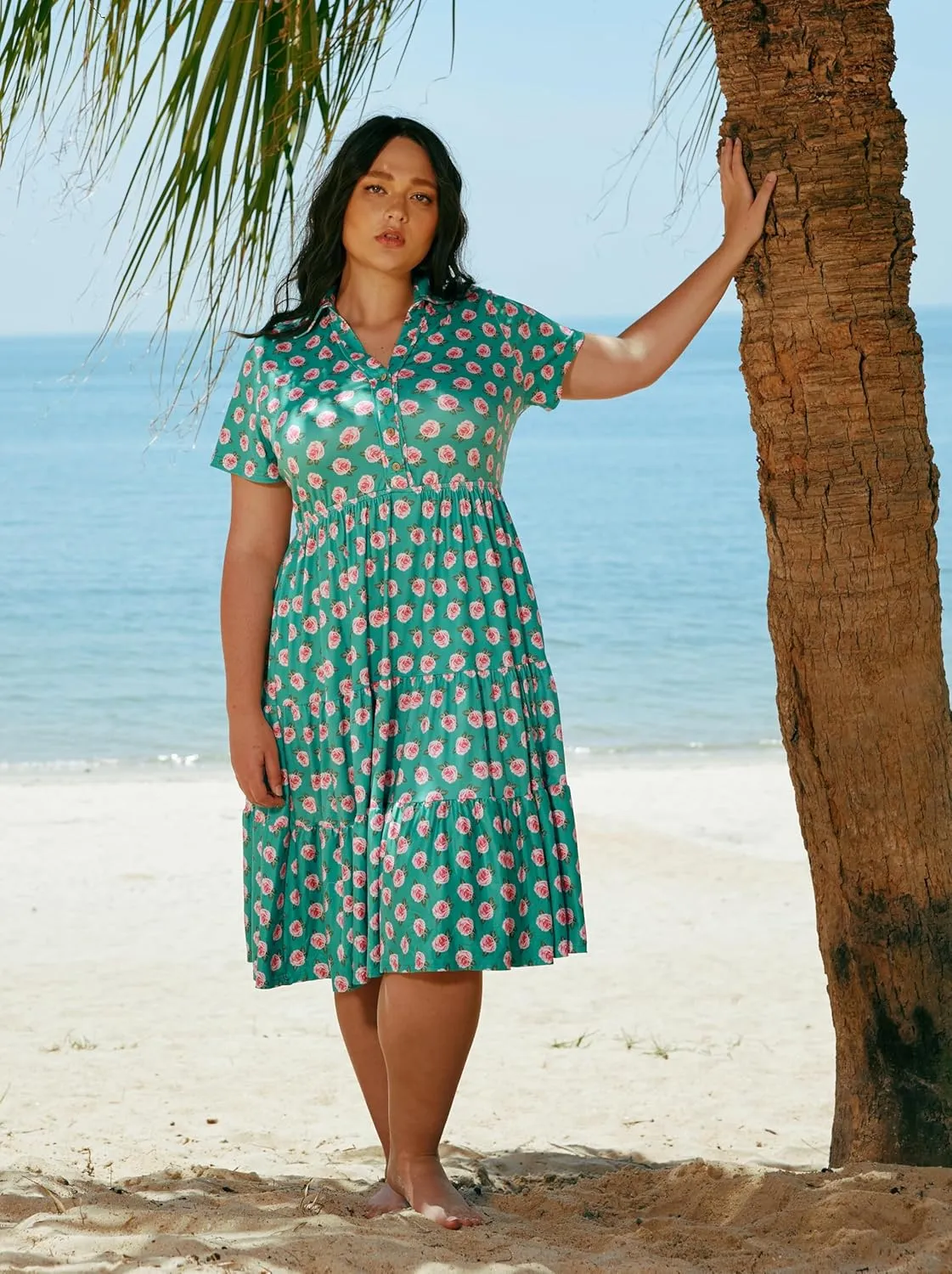 CARCOS Plus Size Dresses for Curvy Women Collared Vneck Short Sleeve Dresses Midi Summer Ruffle Dress with Pocket XL-5XL