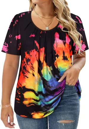 CARCOS Womens Plus Size Tops Summer Pleated Flowy Shirts Short Sleeve Crewneck Tunic Tops Casual Solid/Floral/Tie Dye XL-5XL