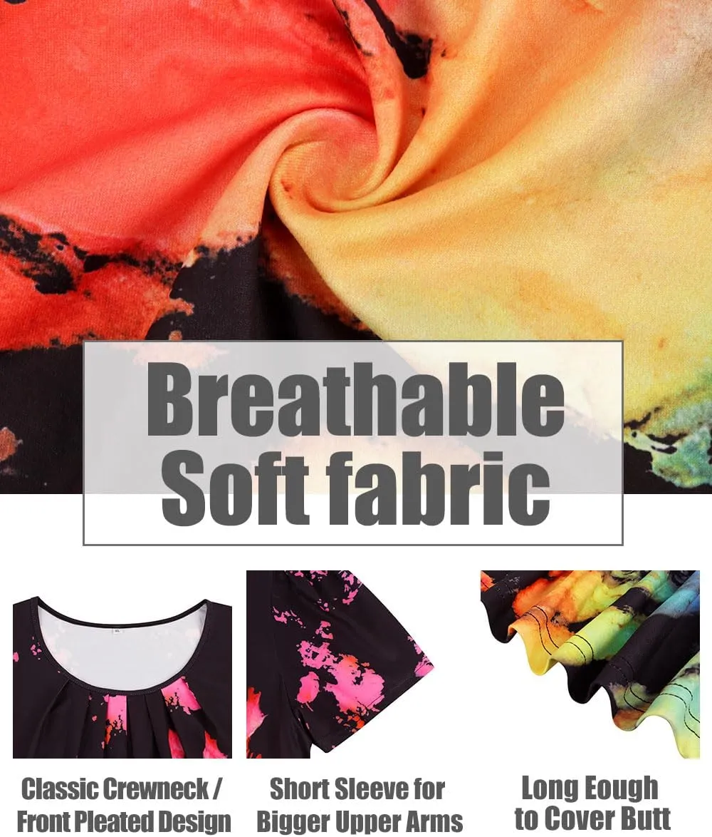 CARCOS Womens Plus Size Tops Summer Pleated Flowy Shirts Short Sleeve Crewneck Tunic Tops Casual Solid/Floral/Tie Dye XL-5XL