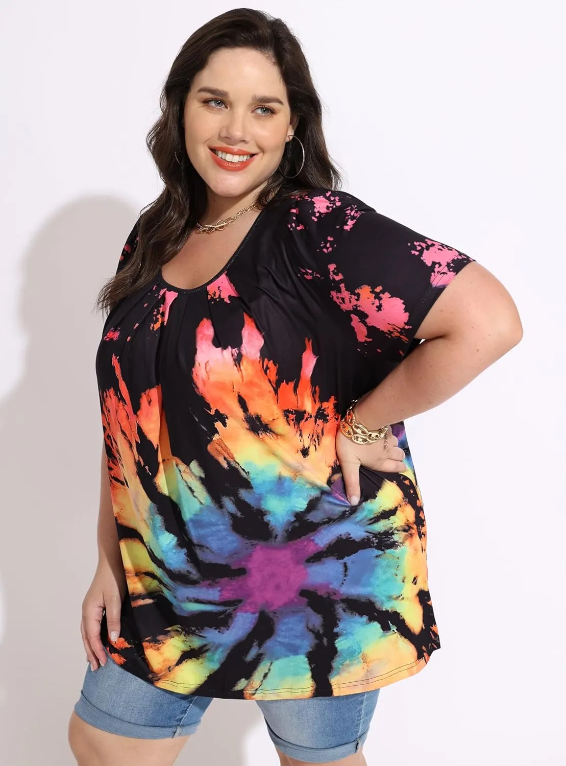 CARCOS Womens Plus Size Tops Summer Pleated Flowy Shirts Short Sleeve Crewneck Tunic Tops Casual Solid/Floral/Tie Dye XL-5XL