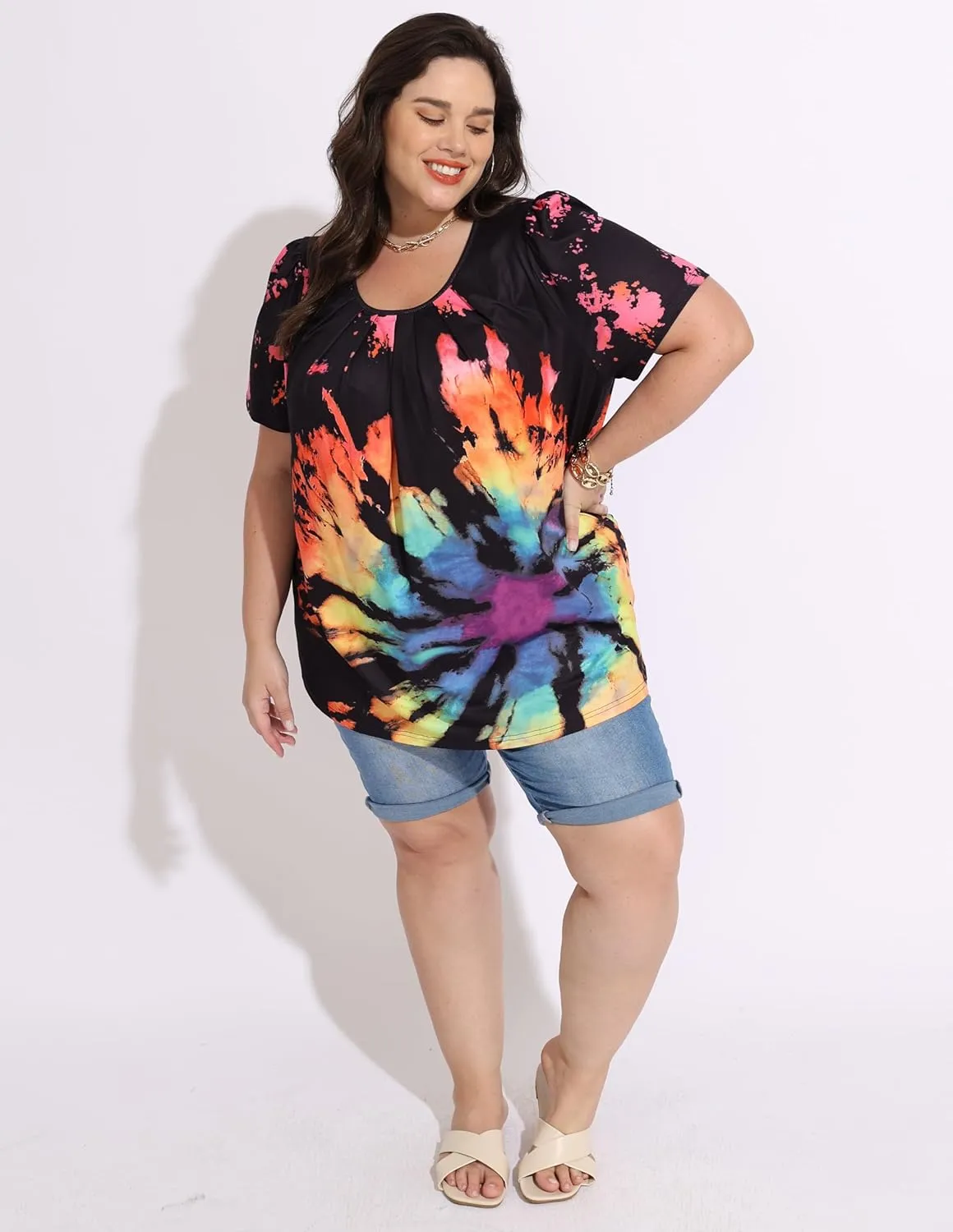 CARCOS Womens Plus Size Tops Summer Pleated Flowy Shirts Short Sleeve Crewneck Tunic Tops Casual Solid/Floral/Tie Dye XL-5XL