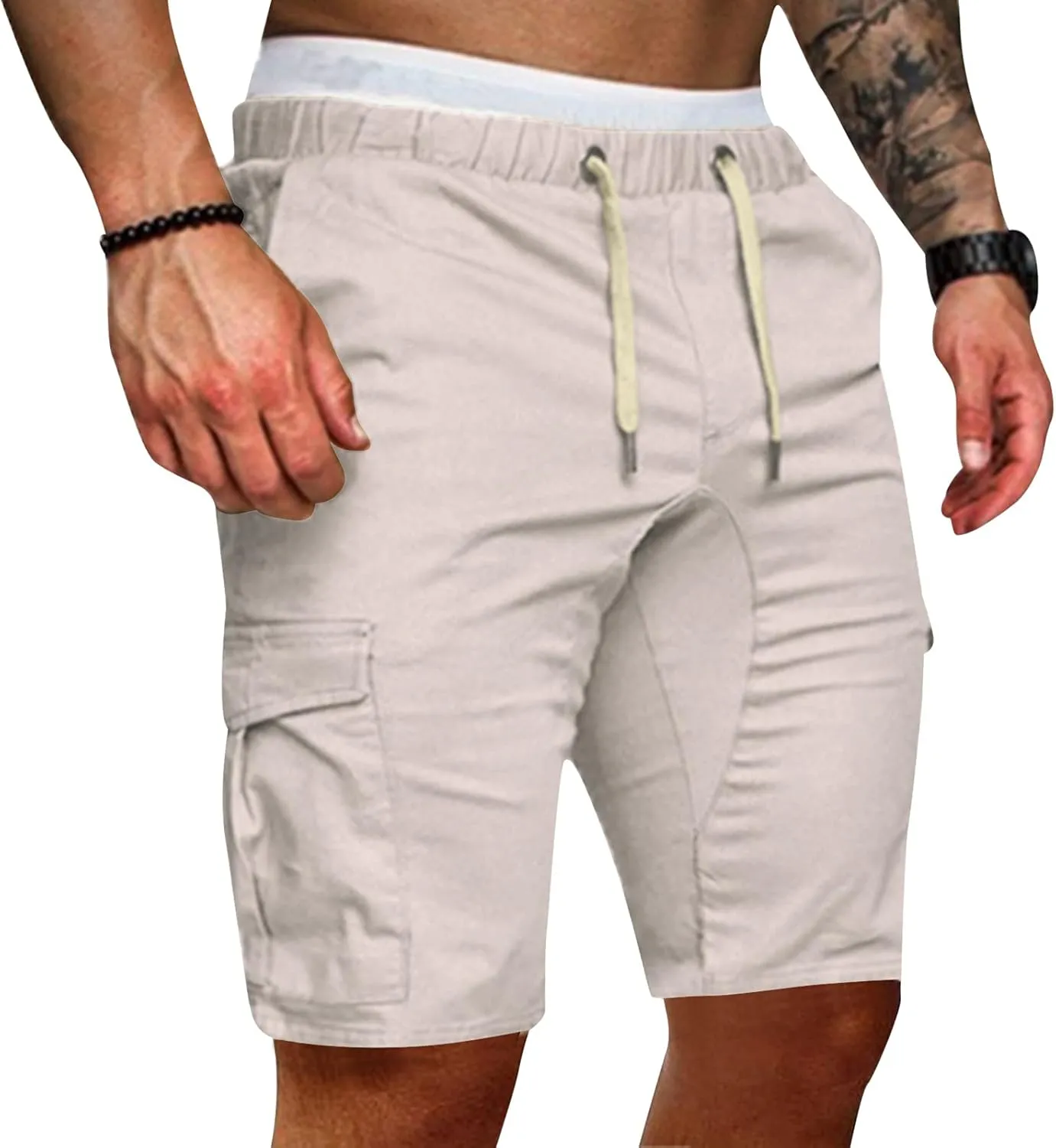 Cargo Shorts for Men Mid Rise Drawstring Elastic Waist Knee Length Slim Fit Shorts Outdoor Hiking Exercise Short Pants