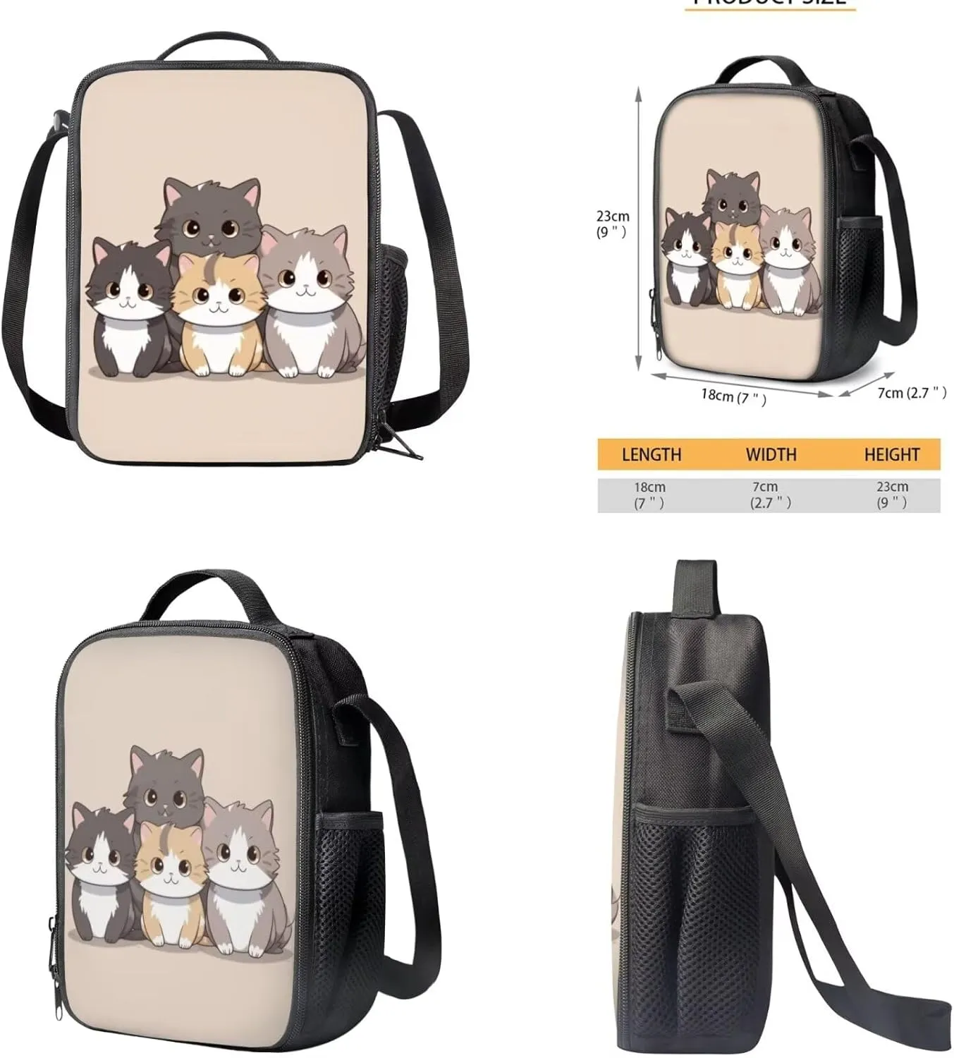 Cat School Backpack for Girls 4-6 Large Capacity School Bags Lunchbox Pack Pencil Case 3 Pieces Portable Backpacks with Water Bottle Pocket