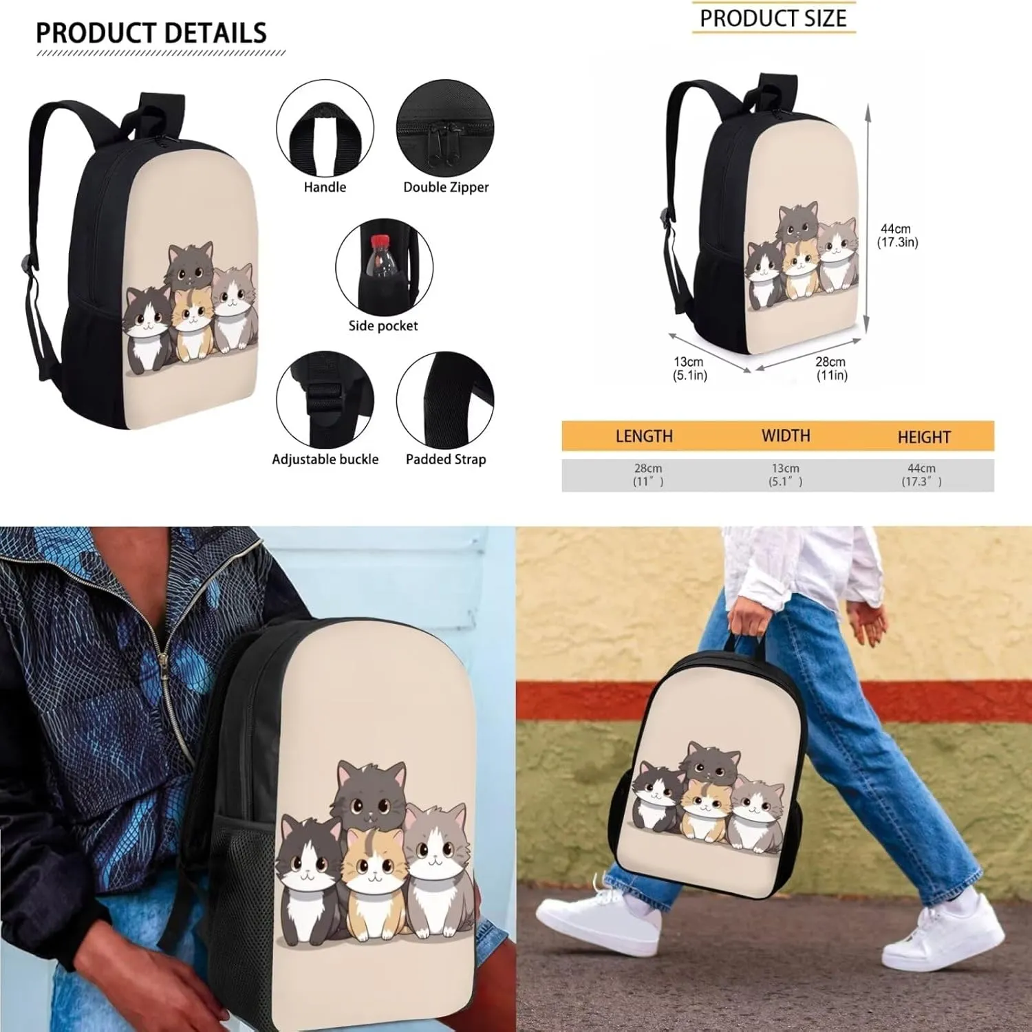 Cat School Backpack for Girls 4-6 Large Capacity School Bags Lunchbox Pack Pencil Case 3 Pieces Portable Backpacks with Water Bottle Pocket