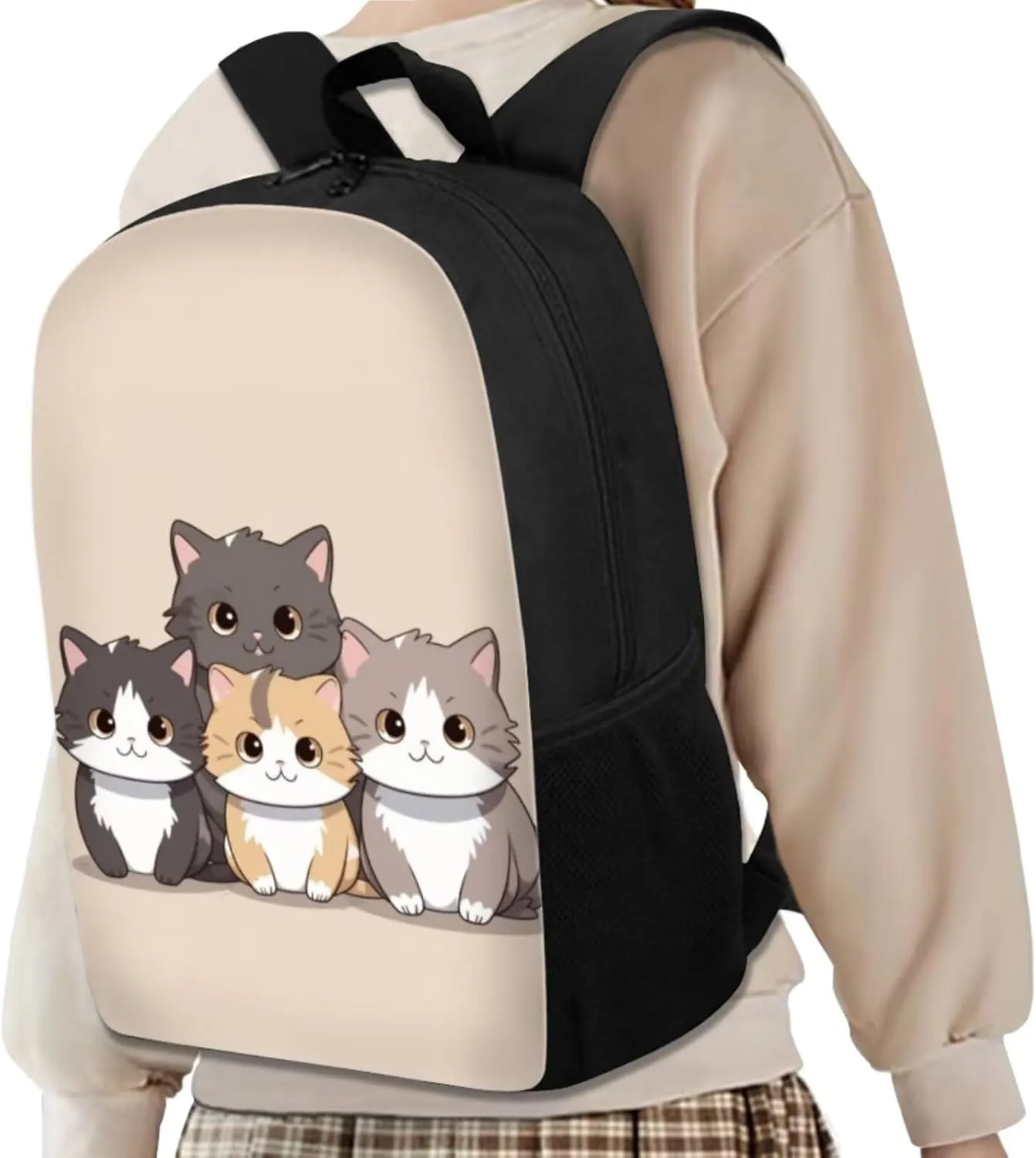 Cat School Backpack for Girls 4-6 Large Capacity School Bags Lunchbox Pack Pencil Case 3 Pieces Portable Backpacks with Water Bottle Pocket