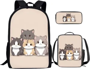 Cat School Backpack for Girls 4-6 Large Capacity School Bags Lunchbox Pack Pencil Case 3 Pieces Portable Backpacks with Water Bottle Pocket