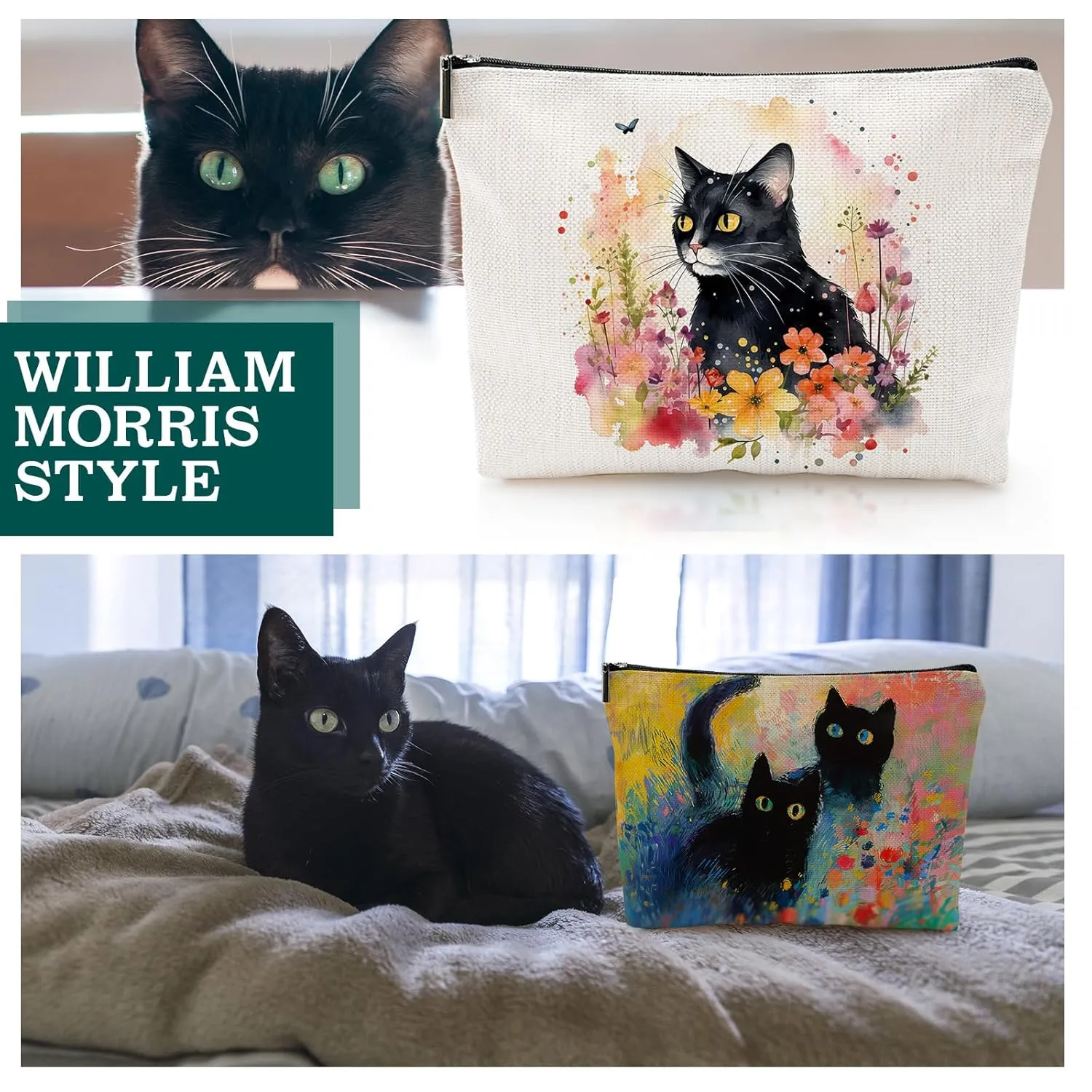CHENGU 6 Pcs Cat Makeup Bag Black Cat Lover Gifts Cat Cosmetic Bags Funny Cool Black Cat Canvas Toiletry Bags with Zipper Portable Cat Mom Gifts Cat Owners Birthday Gifts For Teen Girls Women