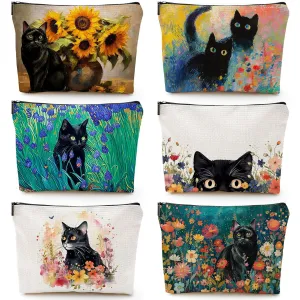 CHENGU 6 Pcs Cat Makeup Bag Black Cat Lover Gifts Cat Cosmetic Bags Funny Cool Black Cat Canvas Toiletry Bags with Zipper Portable Cat Mom Gifts Cat Owners Birthday Gifts For Teen Girls Women