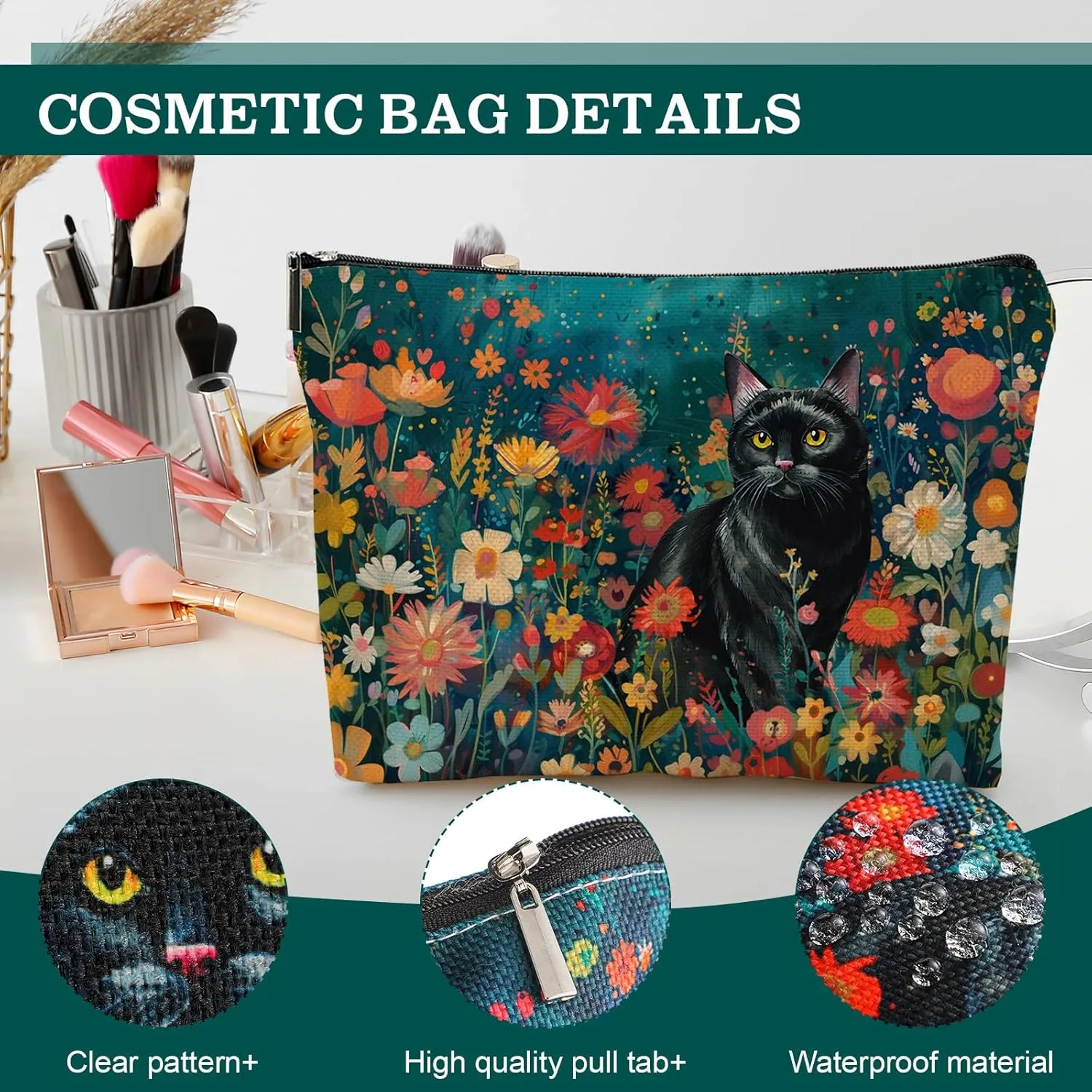 CHENGU 6 Pcs Cat Makeup Bag Black Cat Lover Gifts Cat Cosmetic Bags Funny Cool Black Cat Canvas Toiletry Bags with Zipper Portable Cat Mom Gifts Cat Owners Birthday Gifts For Teen Girls Women