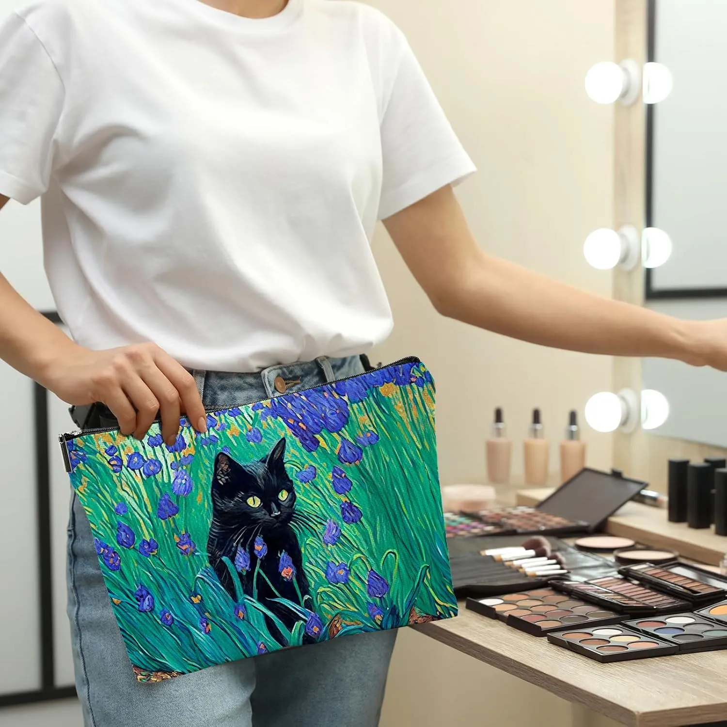 CHENGU 6 Pcs Cat Makeup Bag Black Cat Lover Gifts Cat Cosmetic Bags Funny Cool Black Cat Canvas Toiletry Bags with Zipper Portable Cat Mom Gifts Cat Owners Birthday Gifts For Teen Girls Women