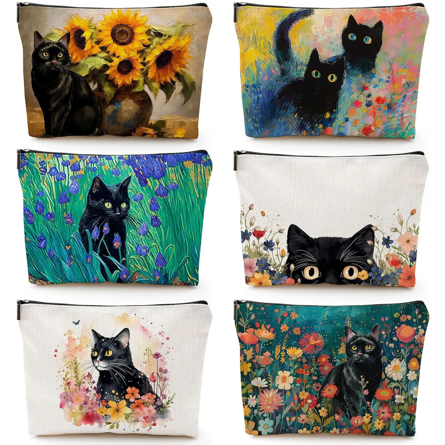 CHENGU 6 Pcs Cat Makeup Bag Black Cat Lover Gifts Cat Cosmetic Bags Funny Cool Black Cat Canvas Toiletry Bags with Zipper Portable Cat Mom Gifts Cat Owners Birthday Gifts For Teen Girls Women