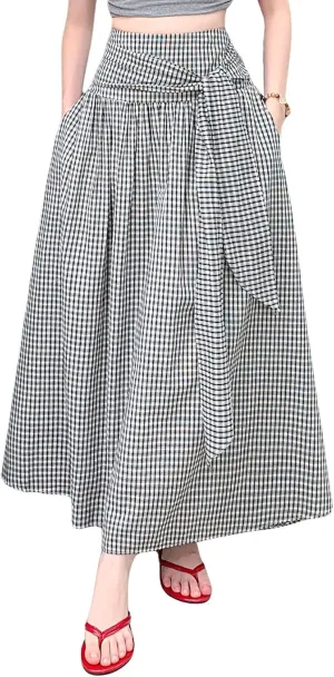 chouyatou Women's Sexy Tie Knot Plaid Maxi Skirt Back Smocked Waist Pleated Swing Long Skirt with Pockets
