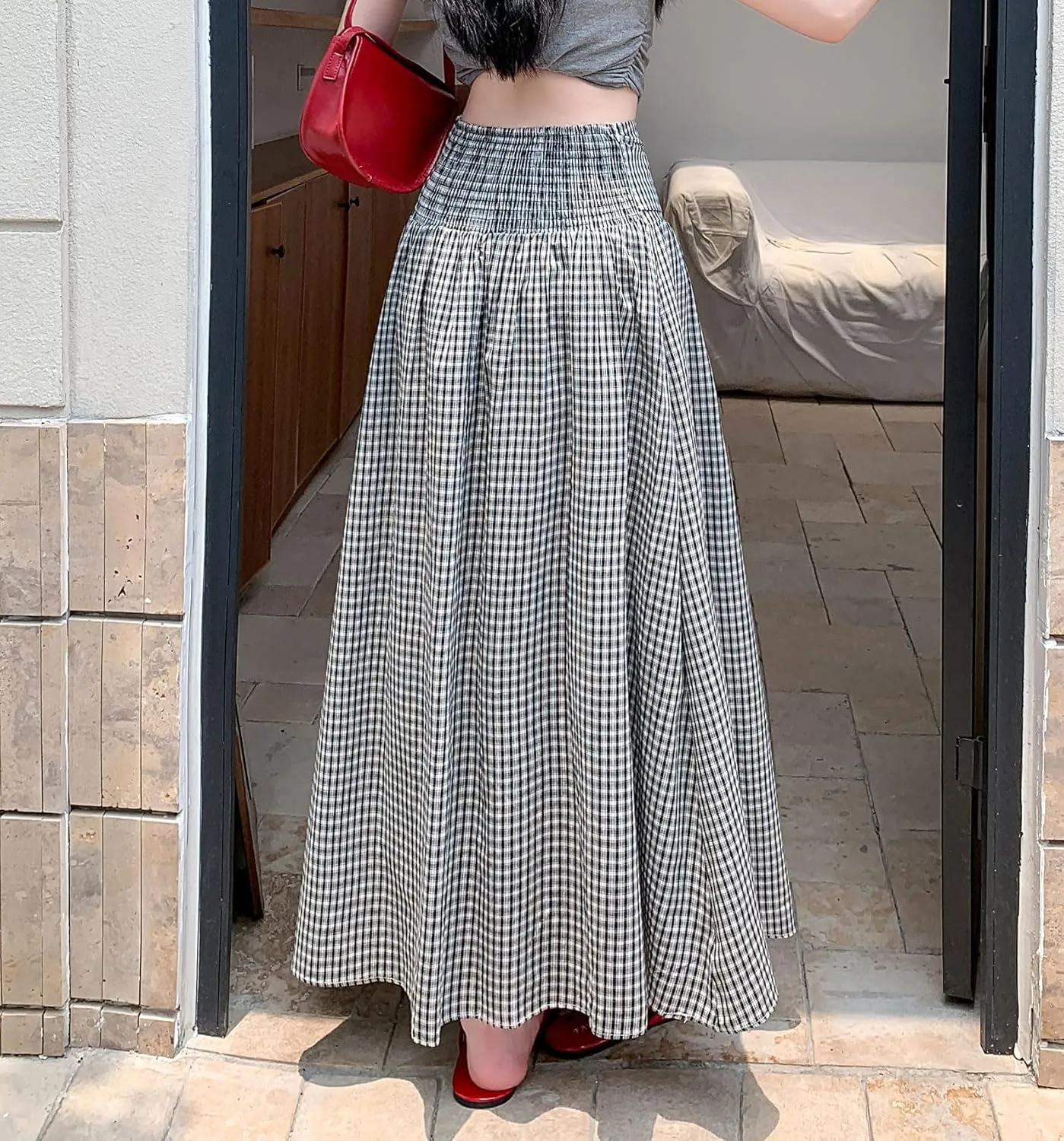 chouyatou Women's Sexy Tie Knot Plaid Maxi Skirt Back Smocked Waist Pleated Swing Long Skirt with Pockets