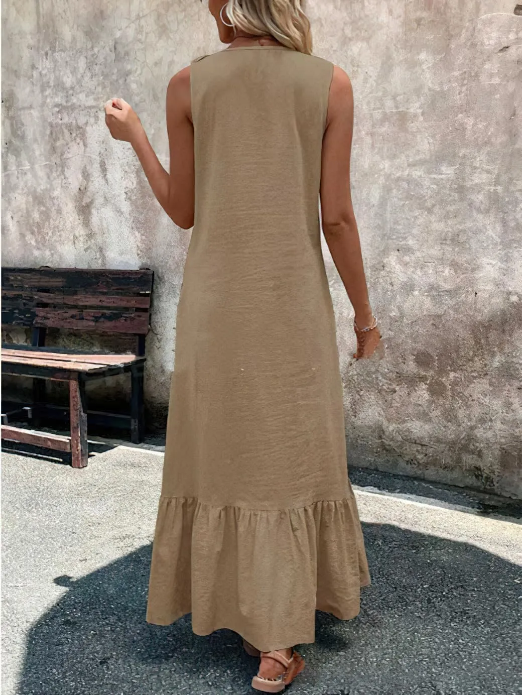 chouyatou Women's Summer Beach Cotton Tank Dress Linen Boho Sleeveless Tiered Ruffle Maxi Long Sundress