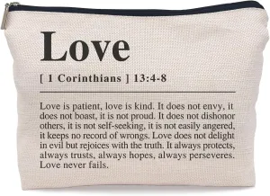 Christian Gifts for Women Faith, Christian Inspirational Makeup Bag Cosmetic Bags for Women, Religious Bible Verse Small Makeup Cosmetic Bag for Purse, 1 Corinthians 13 Love Never Fails