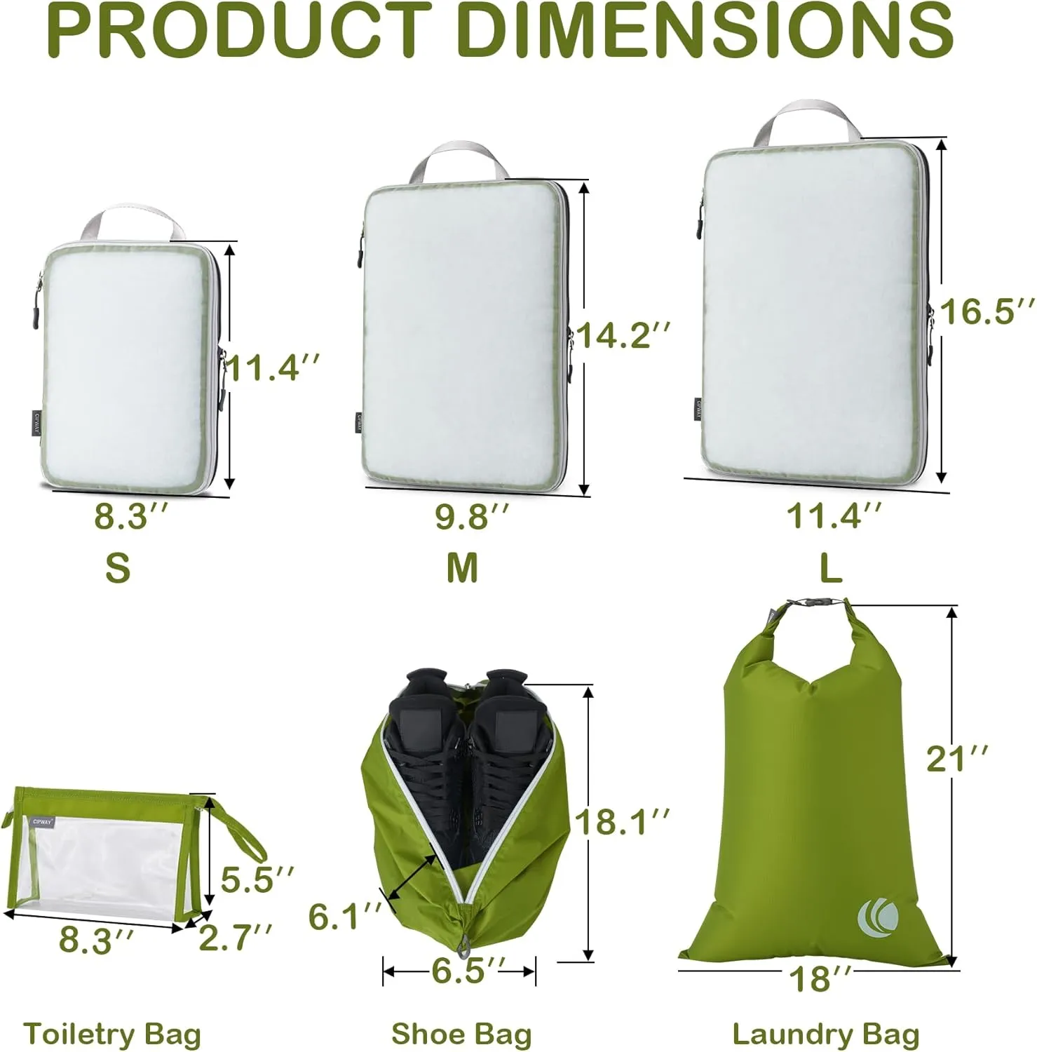 Cipway Compression Packing Cubes Mesh, Lightweight Luggage Organizer Bags with Laundry Bag,Toiletries Bag and Shoe Bag, Travel Essentials for Carry on Suitcase8 Pcs,Green