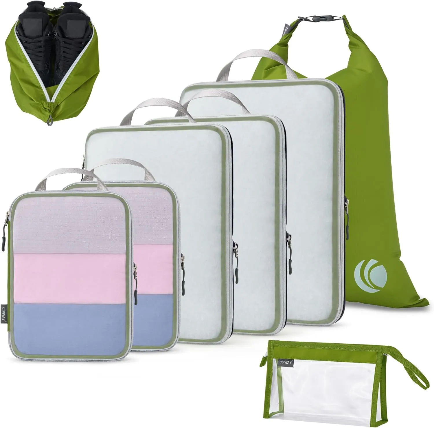 Cipway Compression Packing Cubes Mesh, Lightweight Luggage Organizer Bags with Laundry Bag,Toiletries Bag and Shoe Bag, Travel Essentials for Carry on Suitcase8 Pcs,Green