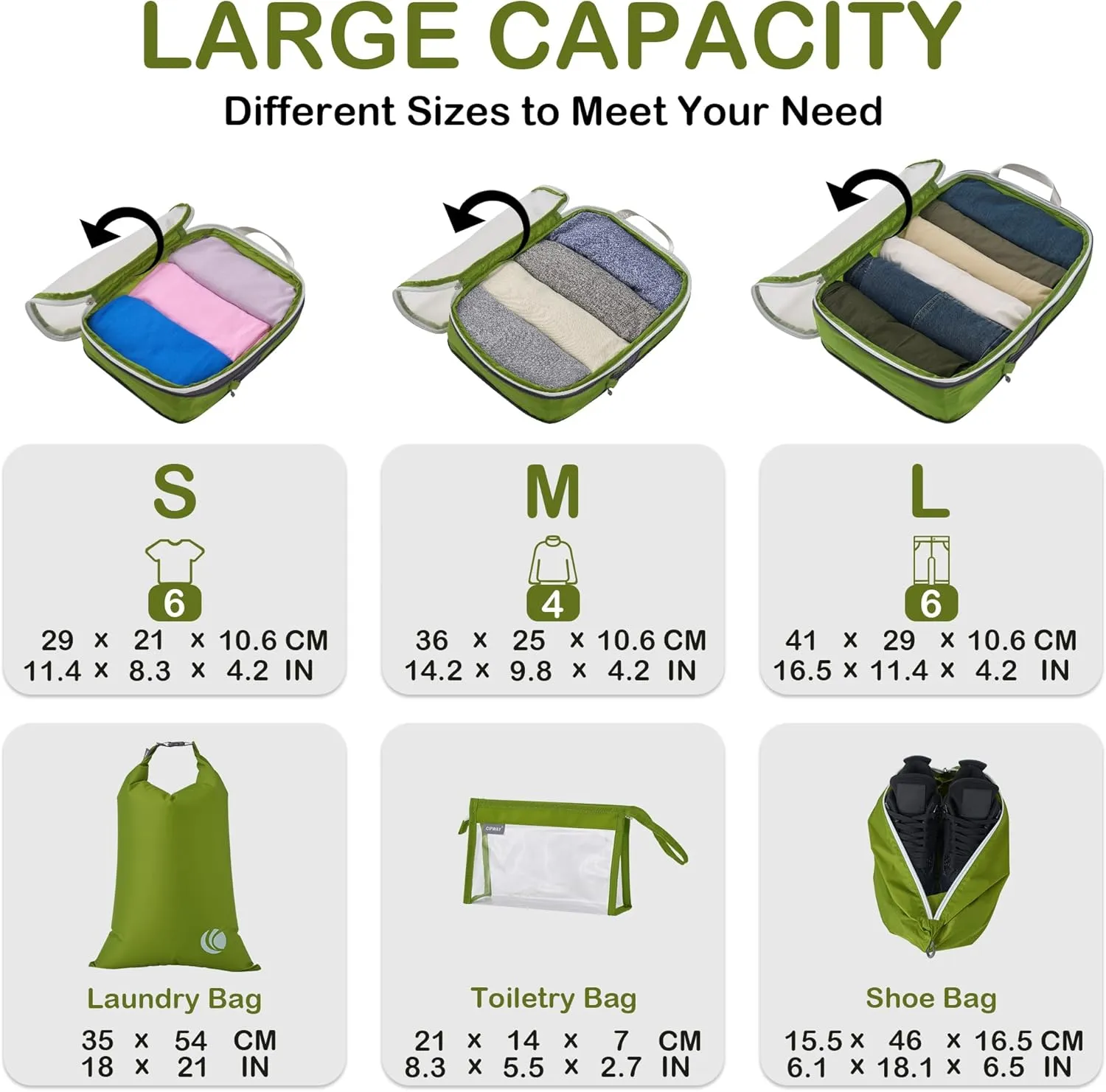 Cipway Compression Packing Cubes Mesh, Lightweight Luggage Organizer Bags with Laundry Bag,Toiletries Bag and Shoe Bag, Travel Essentials for Carry on Suitcase8 Pcs,Green