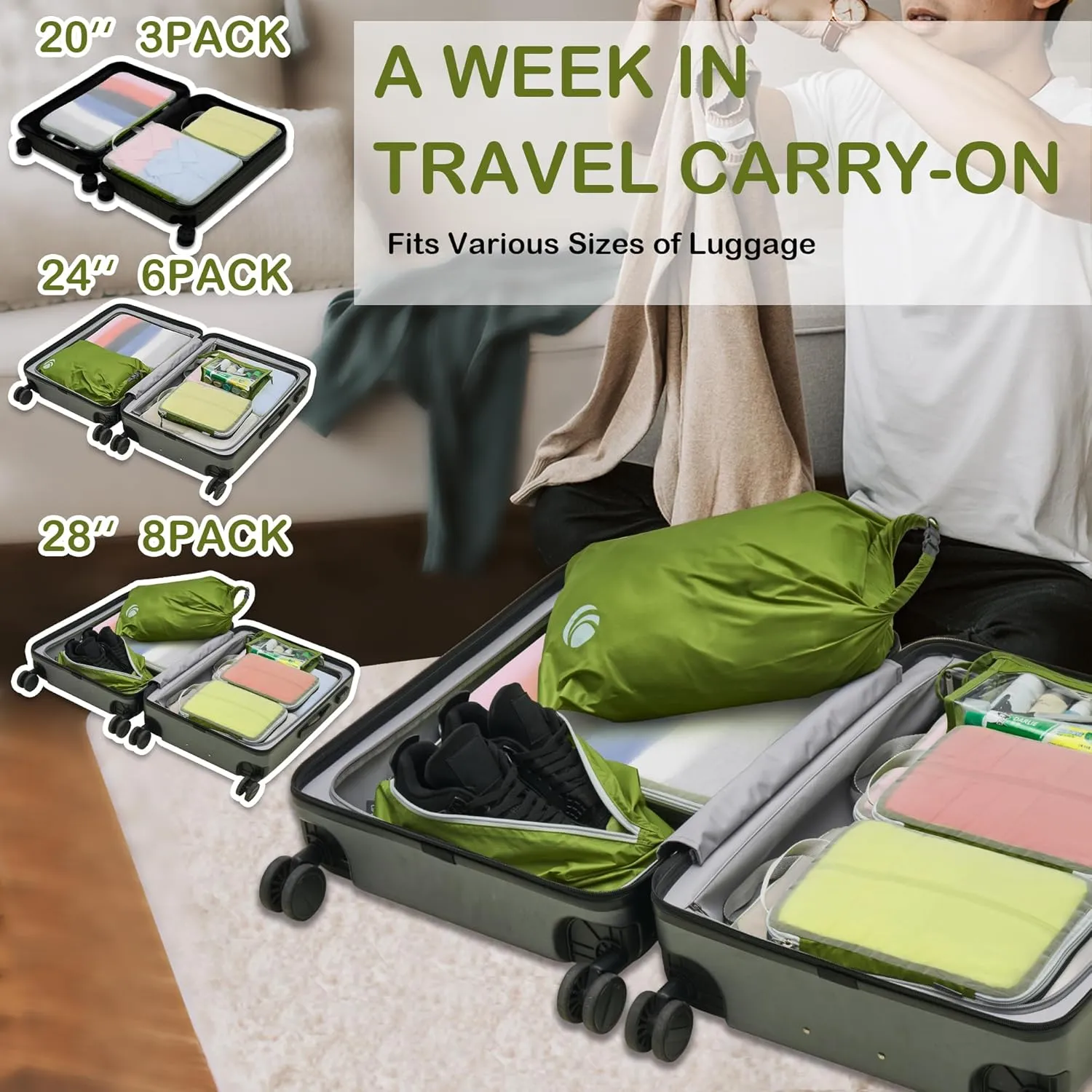 Cipway Compression Packing Cubes Mesh, Lightweight Luggage Organizer Bags with Laundry Bag,Toiletries Bag and Shoe Bag, Travel Essentials for Carry on Suitcase8 Pcs,Green