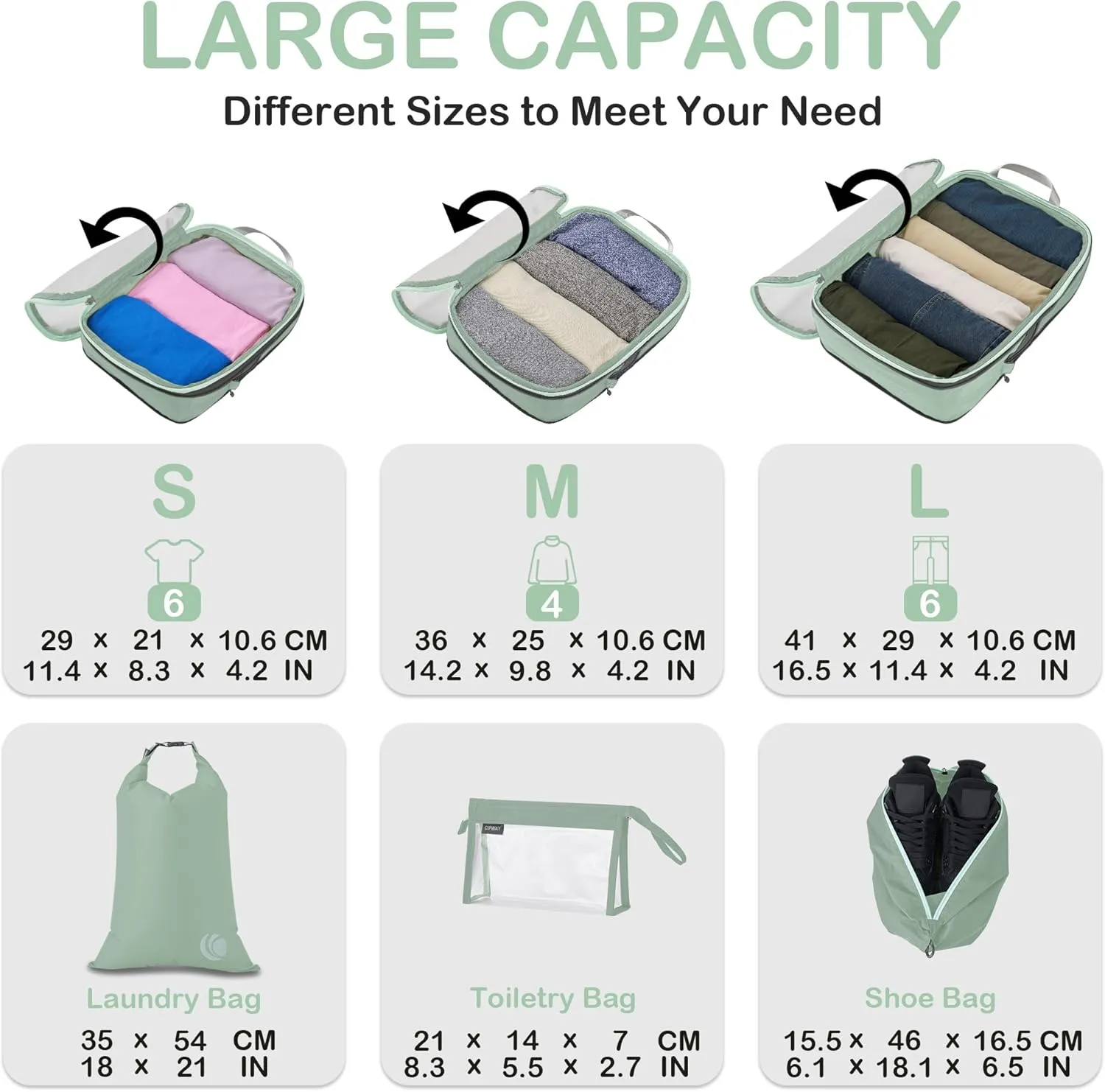 Cipway Compression Packing Cubes Mesh, Lightweight Luggage Organizer Bags with Laundry Bag,Toiletries Bag and Shoe Bag, Travel Essentials for Carry on Suitcase8 Pcs,Sage Green