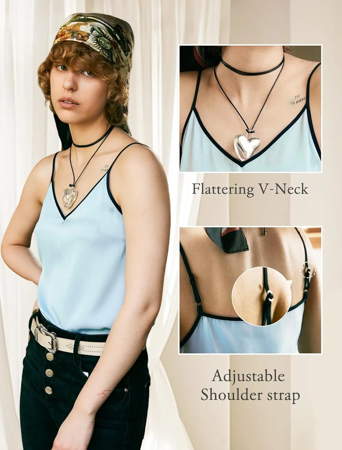 COLD POSH Silk Camisole Tops for Women V Neck 19MM Pure Silk Camisoles Summer Basic Tank Top with Adjustable Spaghetti Straps