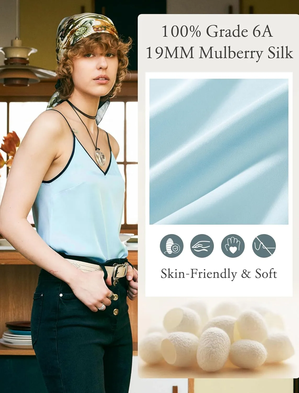 COLD POSH Silk Camisole Tops for Women V Neck 19MM Pure Silk Camisoles Summer Basic Tank Top with Adjustable Spaghetti Straps