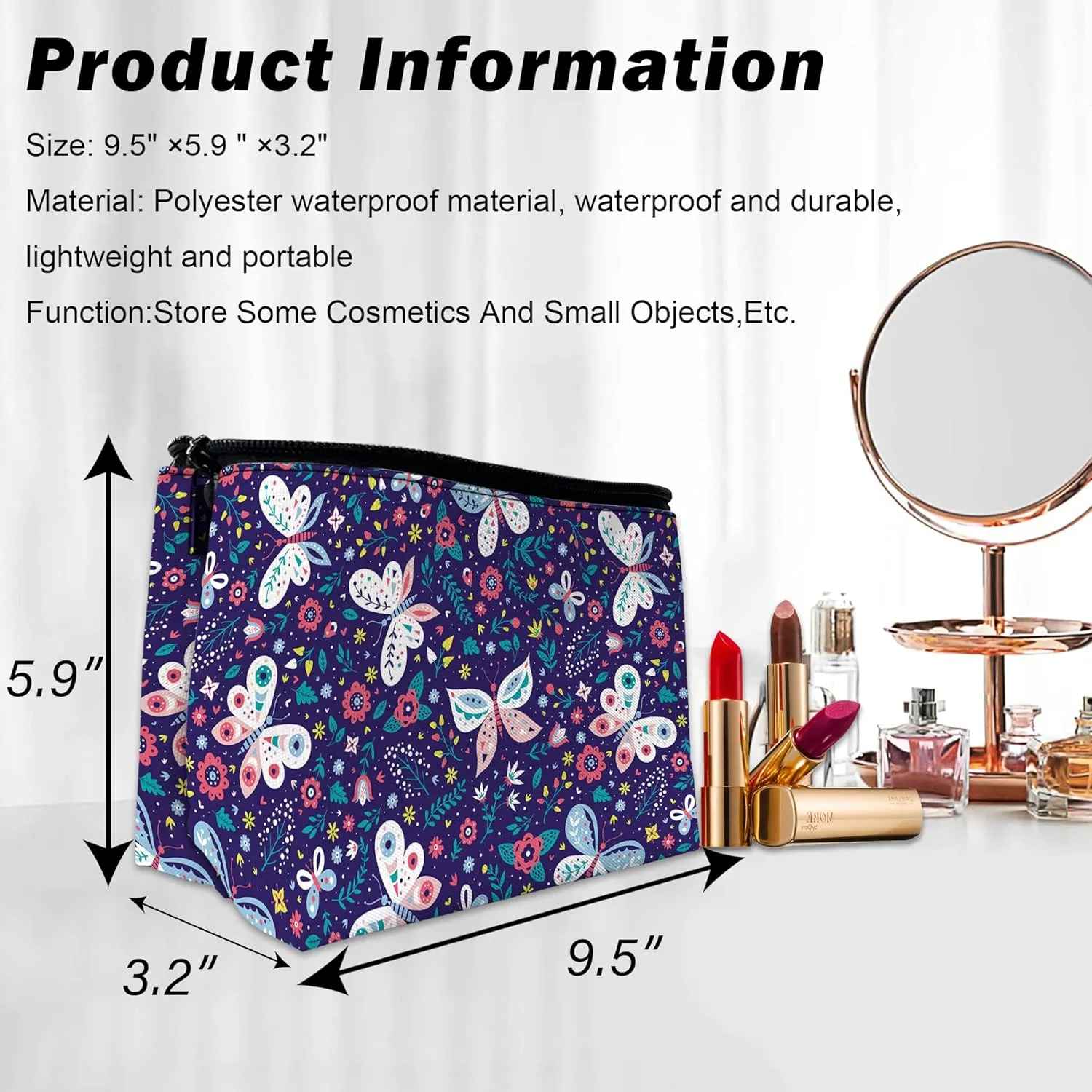Colorful Butterflies and Flowers Makeup Bag for Purse, Waterproof Funny Cosmetic Bag for Women, Zipper Travel Toiletry Pouch Gift 9.55.9 Inch