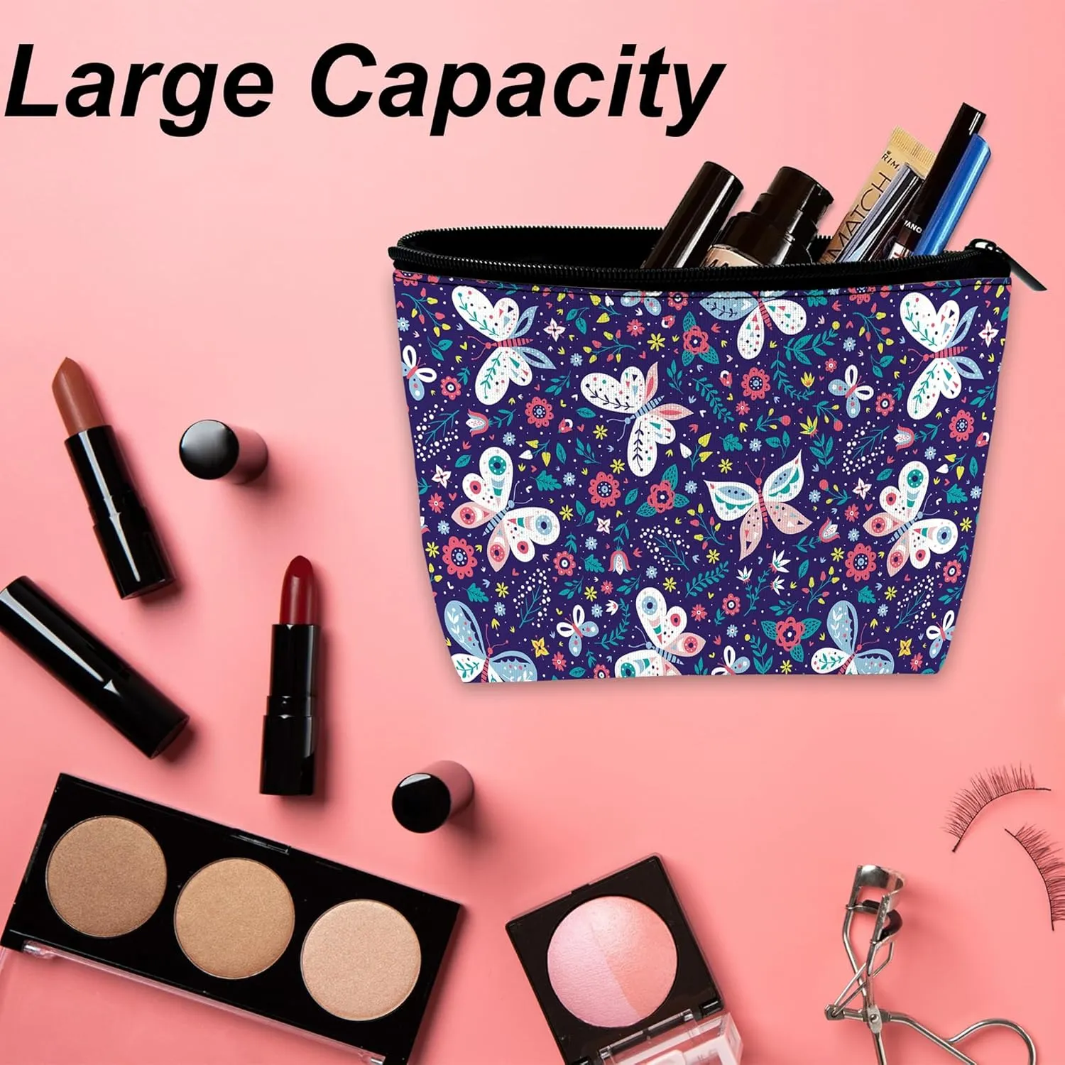 Colorful Butterflies and Flowers Makeup Bag for Purse, Waterproof Funny Cosmetic Bag for Women, Zipper Travel Toiletry Pouch Gift 9.55.9 Inch