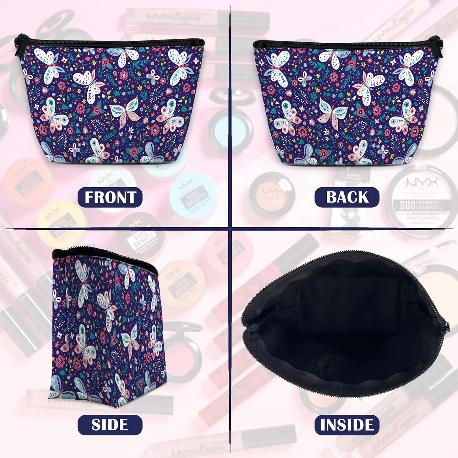 Colorful Butterflies and Flowers Makeup Bag for Purse, Waterproof Funny Cosmetic Bag for Women, Zipper Travel Toiletry Pouch Gift 9.55.9 Inch