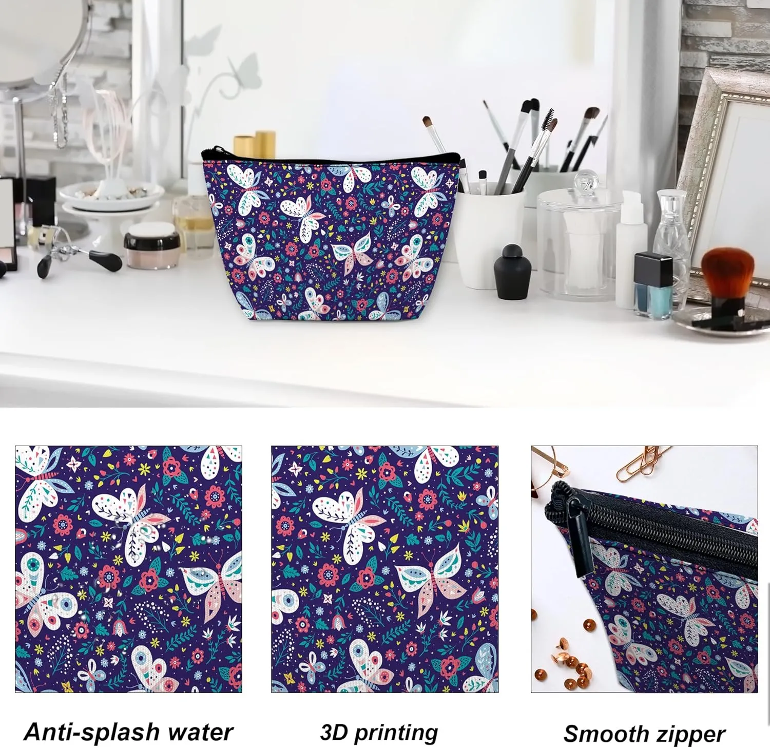 Colorful Butterflies and Flowers Makeup Bag for Purse, Waterproof Funny Cosmetic Bag for Women, Zipper Travel Toiletry Pouch Gift 9.55.9 Inch