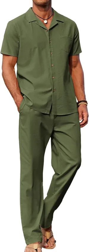 COOFANDY Men 2 Piece Linen Outfit Beach Button Down Shirt Casual Loose Pant Sets