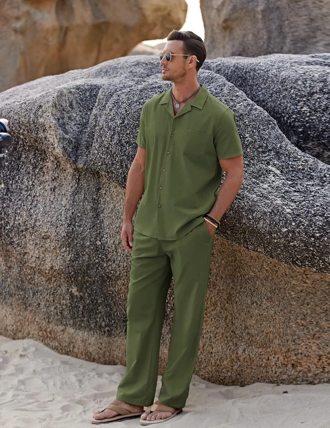 COOFANDY Men 2 Piece Linen Outfit Beach Button Down Shirt Casual Loose Pant Sets