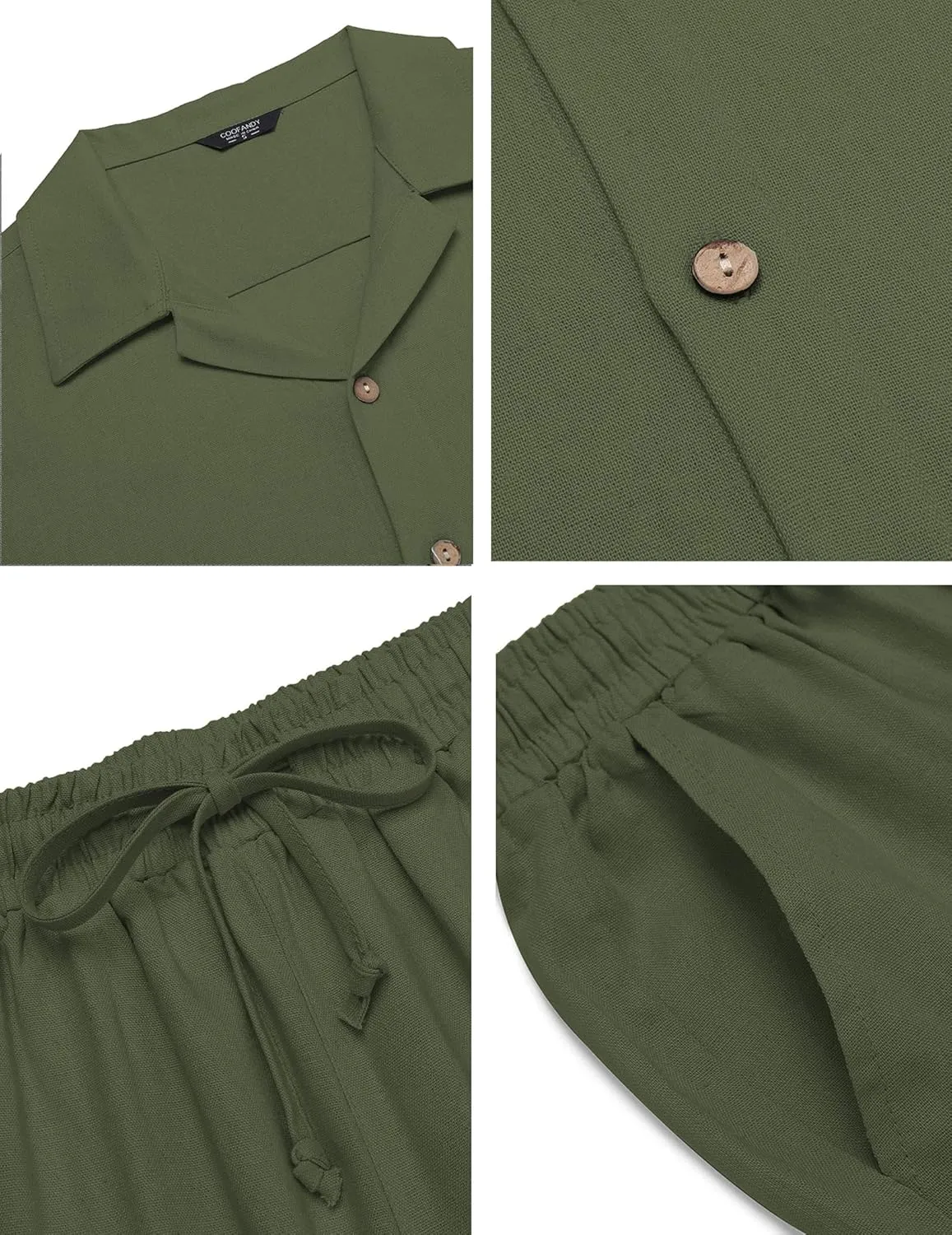 COOFANDY Men 2 Piece Linen Outfit Beach Button Down Shirt Casual Loose Pant Sets