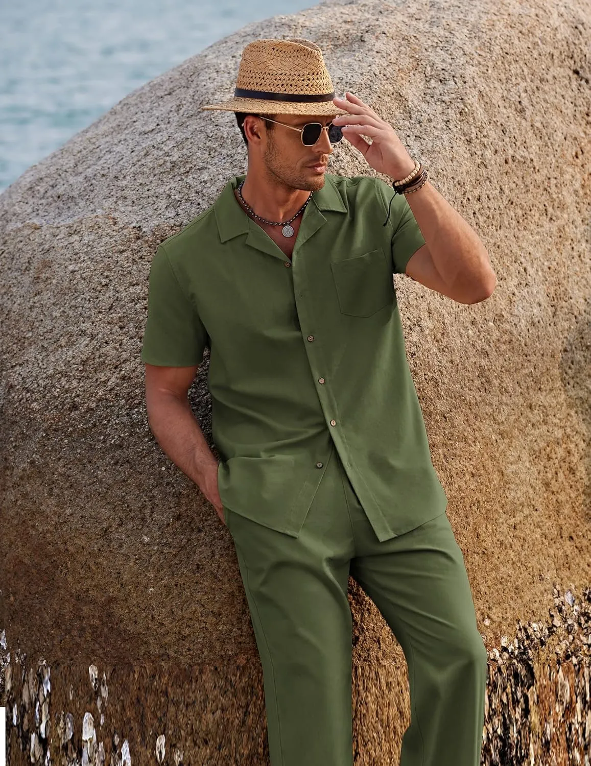 COOFANDY Men 2 Piece Linen Outfit Beach Button Down Shirt Casual Loose Pant Sets