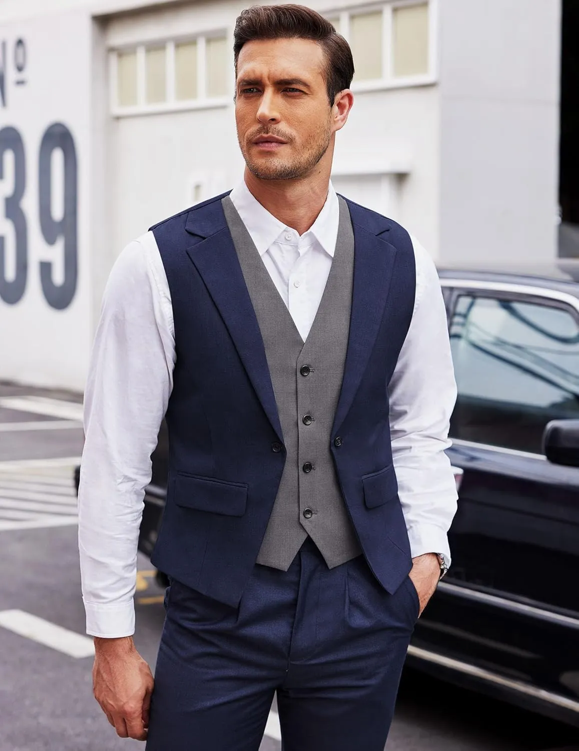 COOFANDY Men's Layered Suit Vest Business Dress Vests Formal Wedding Waistcoat Slim Fit