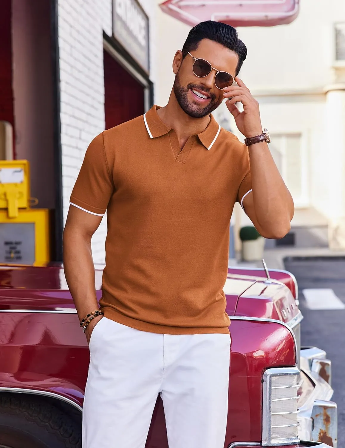 COOFANDY Mens Polo Shirts Short Sleeve Casual Knit Polo Shirt Vintage Golf T Shirts Old Money Tops