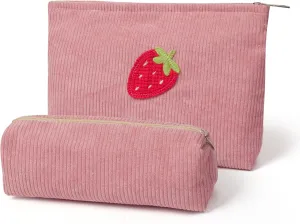Cosmetic Bags Cute Strawberry Patch Corduroy Makeup Bag Set Large Travel Toiletry Cosmetic Pouch Bags with Zipper for Women Teen Girls (Pink)